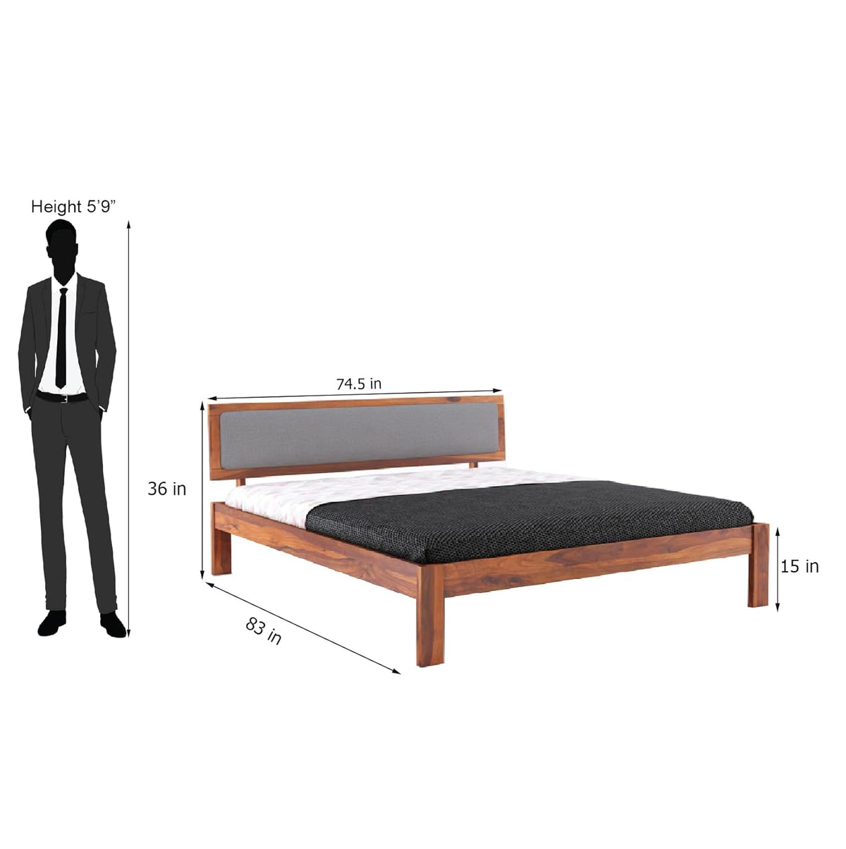 Wood Bed For Bedroom | Platform Cot Bed With Upholstered Cushioned Headboard | Sheesham Solid Wood