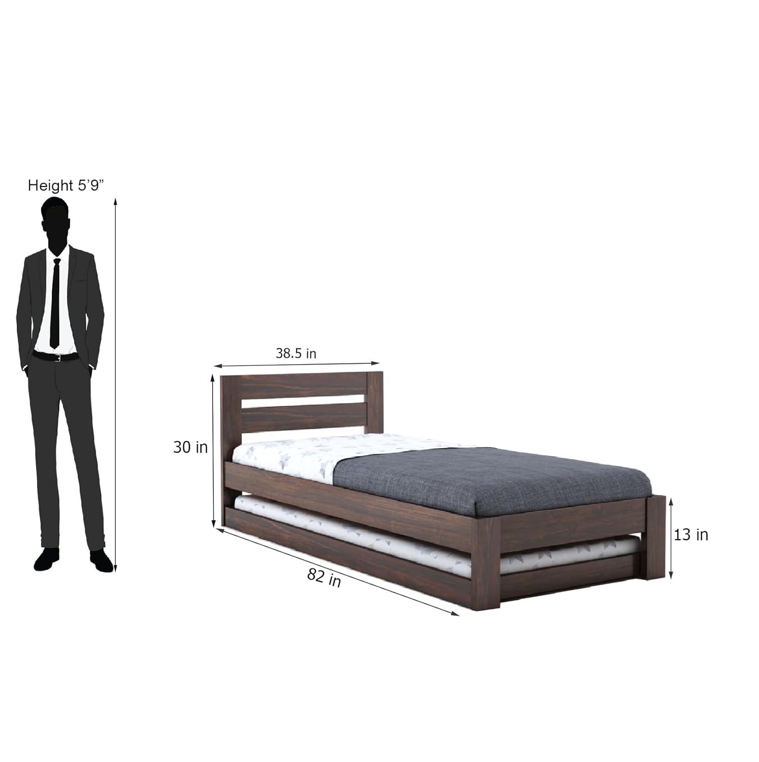 Wooden Single Trundle Bed | Single Bed with 1 Extra Pullout Bed | Wooden Single Bed Cot Palang Furniture for Bedroom, Living Room & Home | Sheesham Wood