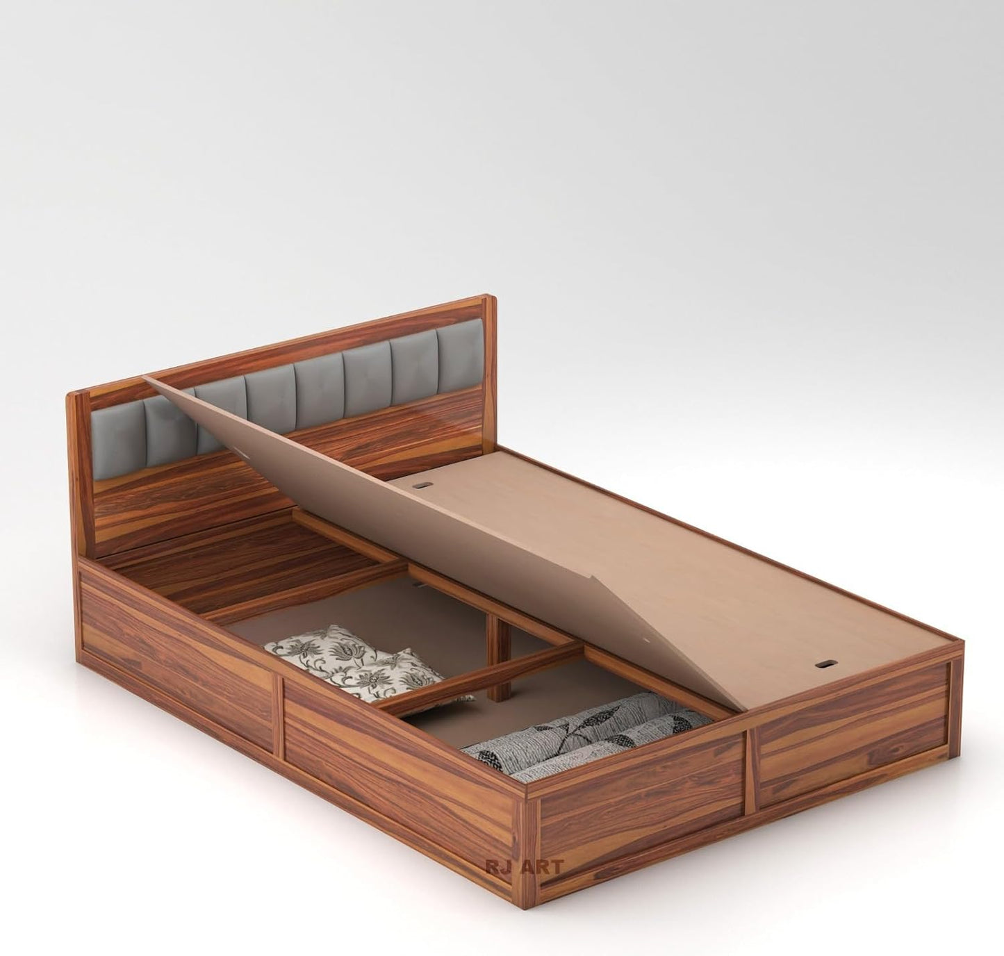 Double Bed Cot Bed With Box Storage & Upholstered Cushioned Headboard For Bedroom | Sheesham