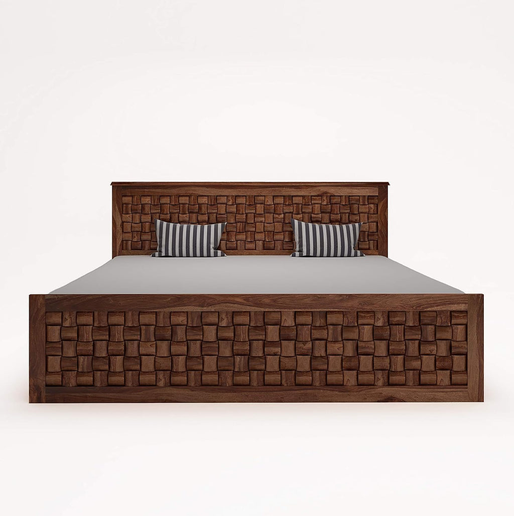 Solid Sheesham Wood King Size Bed with Storage | Wooden Double Bed with Niwar Design for Bedroom & Living Room