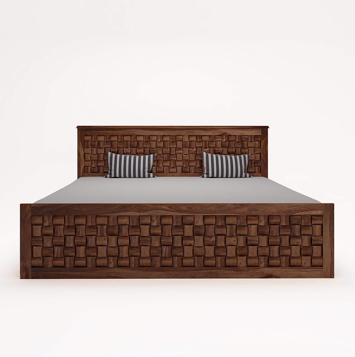 Sheesham King Size Storage Bed | Wood Double Bed With Niwar Design For Bedroom & Living Room