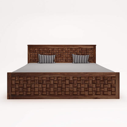 Sheesham King Size Storage Bed | Wood Double Bed With Niwar Design For Bedroom & Living Room