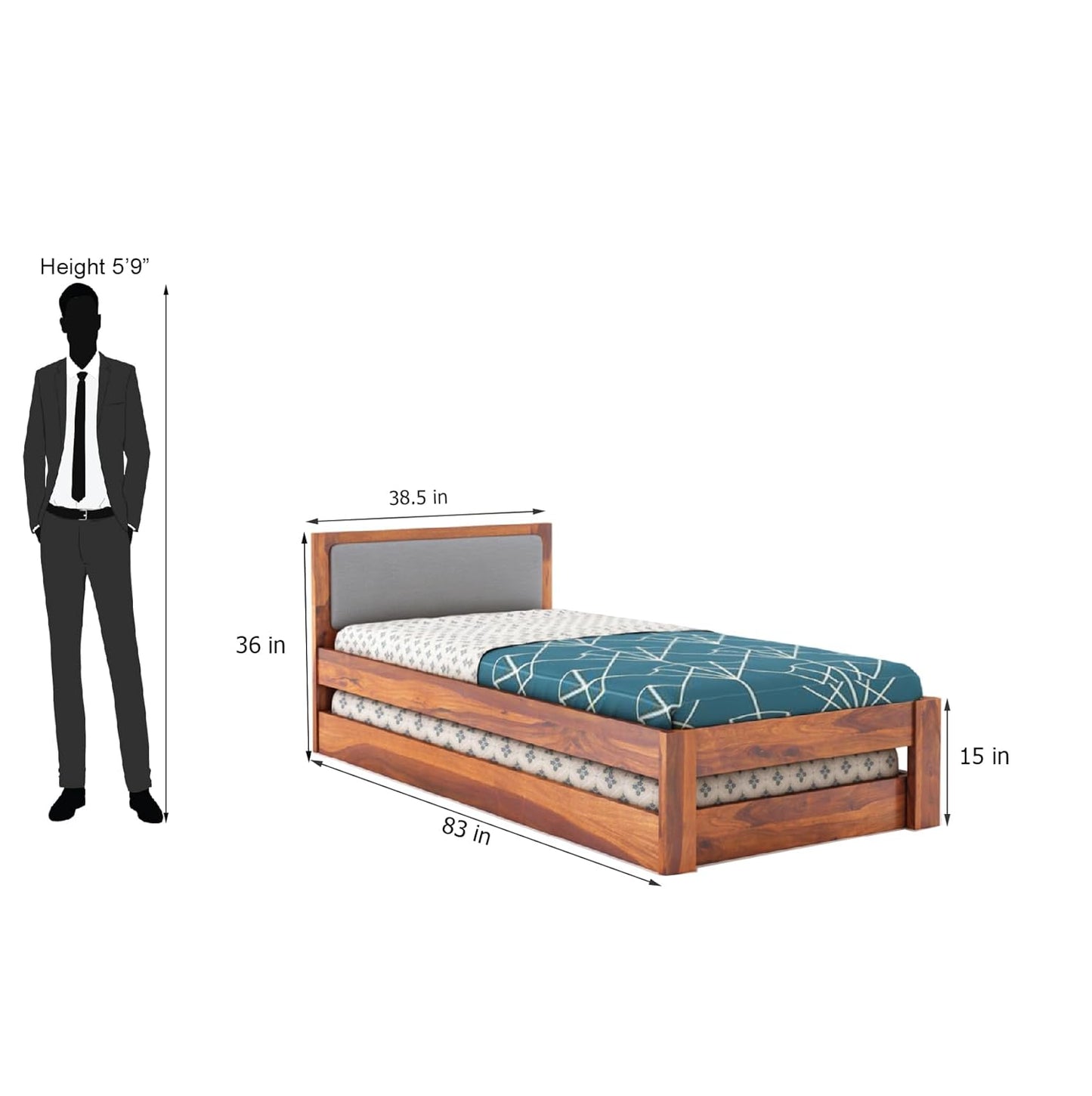 Rjart Wooden Single Trundle Bed | Wooden Single Bed with 1 Extra Pullout Bed Cot Palang with Upholstered Headboard for Bedroom, Kids Room | Solid Sheesham...