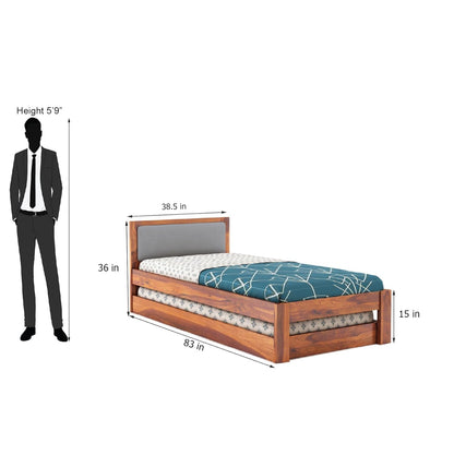 Rjart Wooden Single Trundle Bed | Wooden Single Bed with 1 Extra Pullout Bed Cot Palang with Upholstered Headboard for Bedroom, Kids Room | Solid Sheesham...