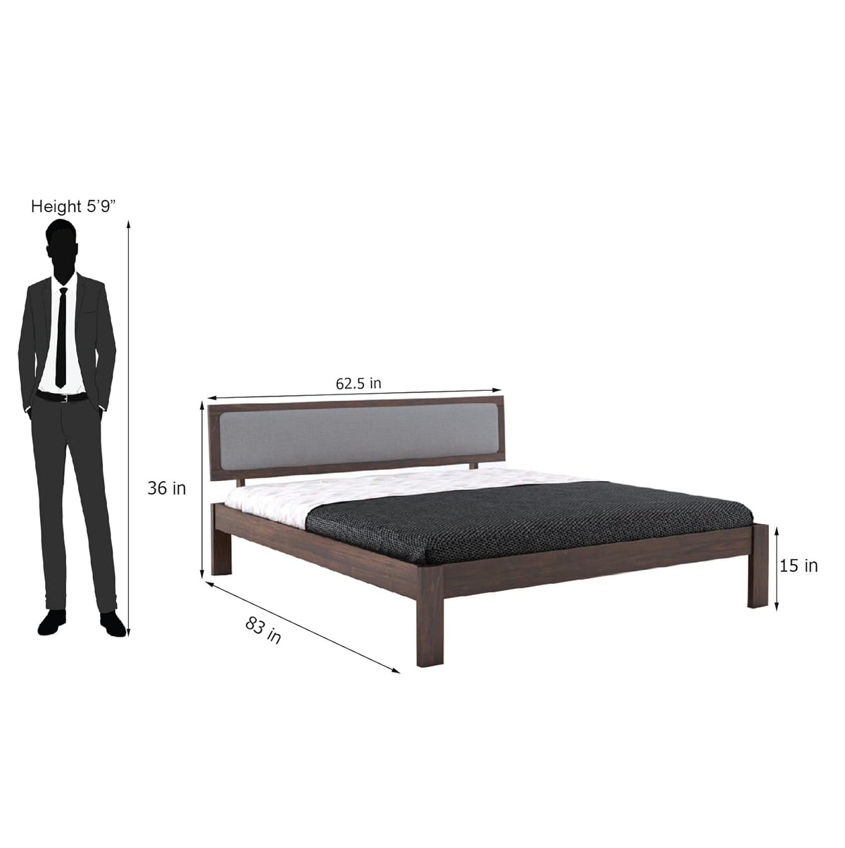 Wood Double Bed | Platform Cot Bed With Upholstered Cushioned Headboard | Sheesham Solid Wood