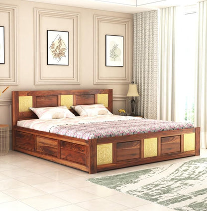 Wood Storage Bed | Double Bed Cot Bed With Box Storage & Brass Work For Bedroom | Sheesham