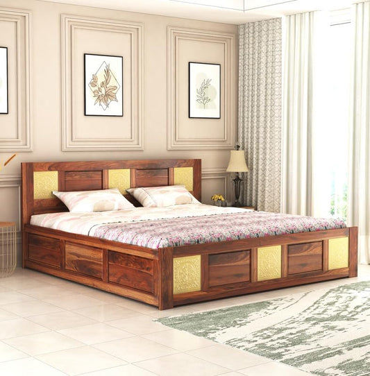 Wood Storage Bed | Double Bed Cot Bed With Box Storage & Brass Work For Bedroom | Sheesham