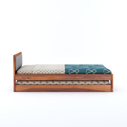 Rjart Wooden Single Trundle Bed | Wooden Single Bed with 1 Extra Pullout Bed Cot Palang with Upholstered Headboard for Bedroom, Kids Room | Solid Sheesham...
