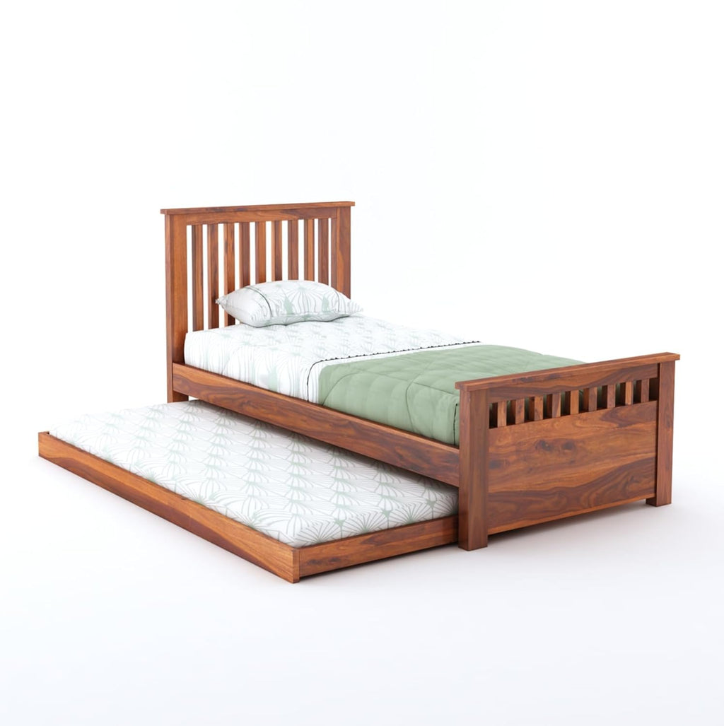 Wooden Single Trundle Bed | Single Bed with 1 Extra Pullout Bed | Wooden Bed Cot Palang for Bedroom, Living Room & Home, Solid Sheesham Wood