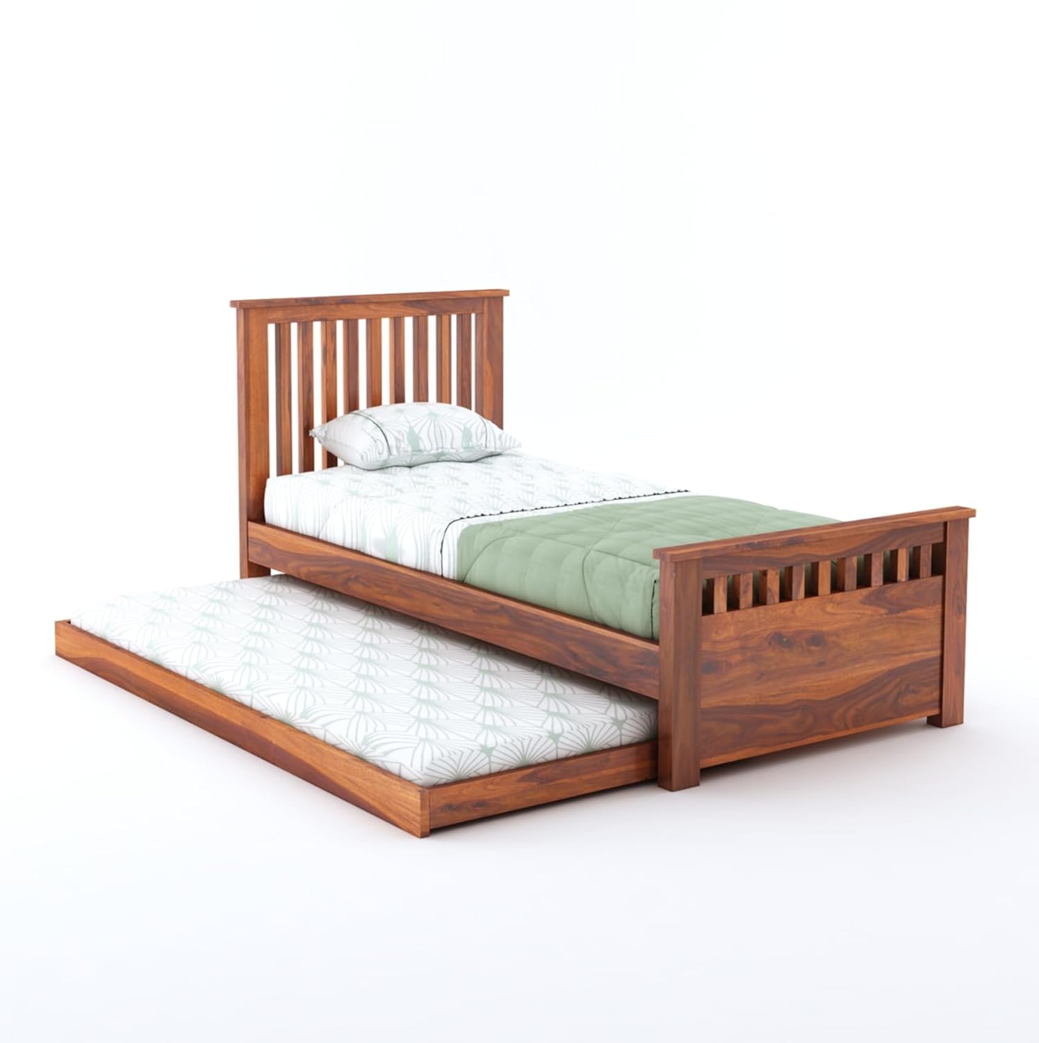 Wooden Single Trundle Bed | Single Bed with 1 Extra Pullout Bed | Wooden Bed Cot Palang for Bedroom, Living Room & Home, Solid Sheesham Wood