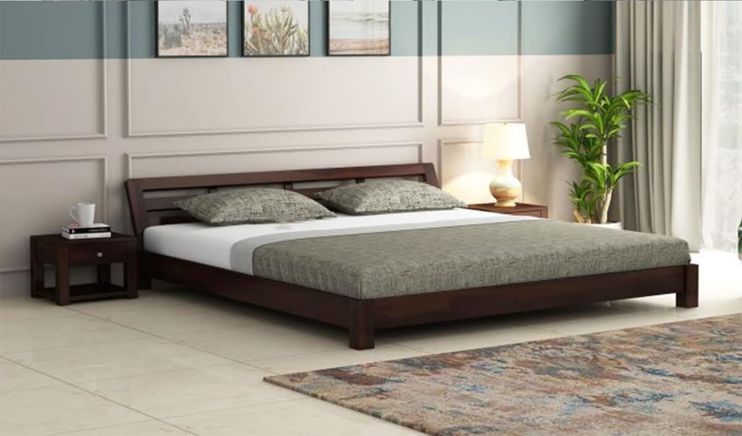 Solid Sheesham Wood Low Height Bed Without Storage | Wooden Double Bed | Low Floor/Lying/Rise/Level/Profile Cot Bed for Bedroom Furniture | Rosewood