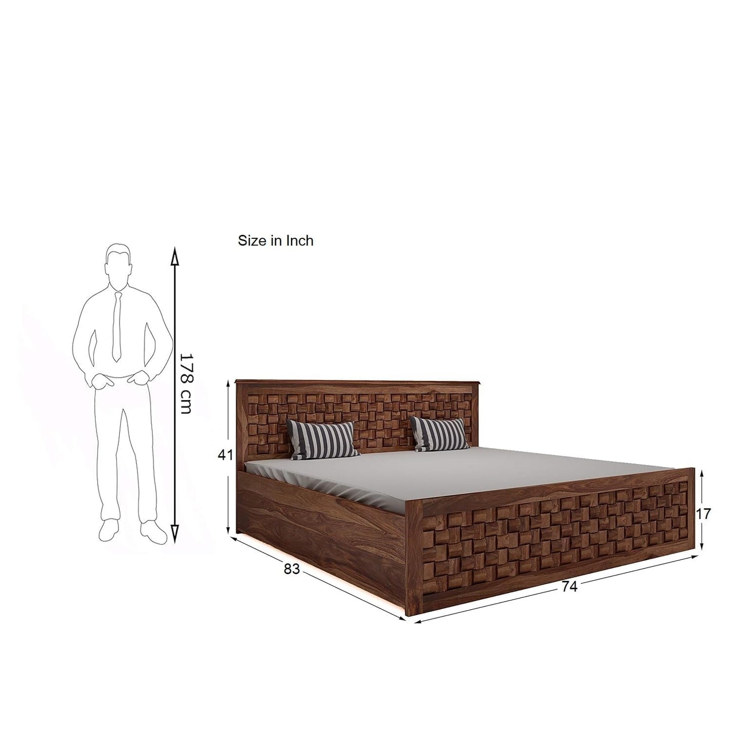 Sheesham King Size Storage Bed | Wood Double Bed With Niwar Design For Bedroom & Living Room