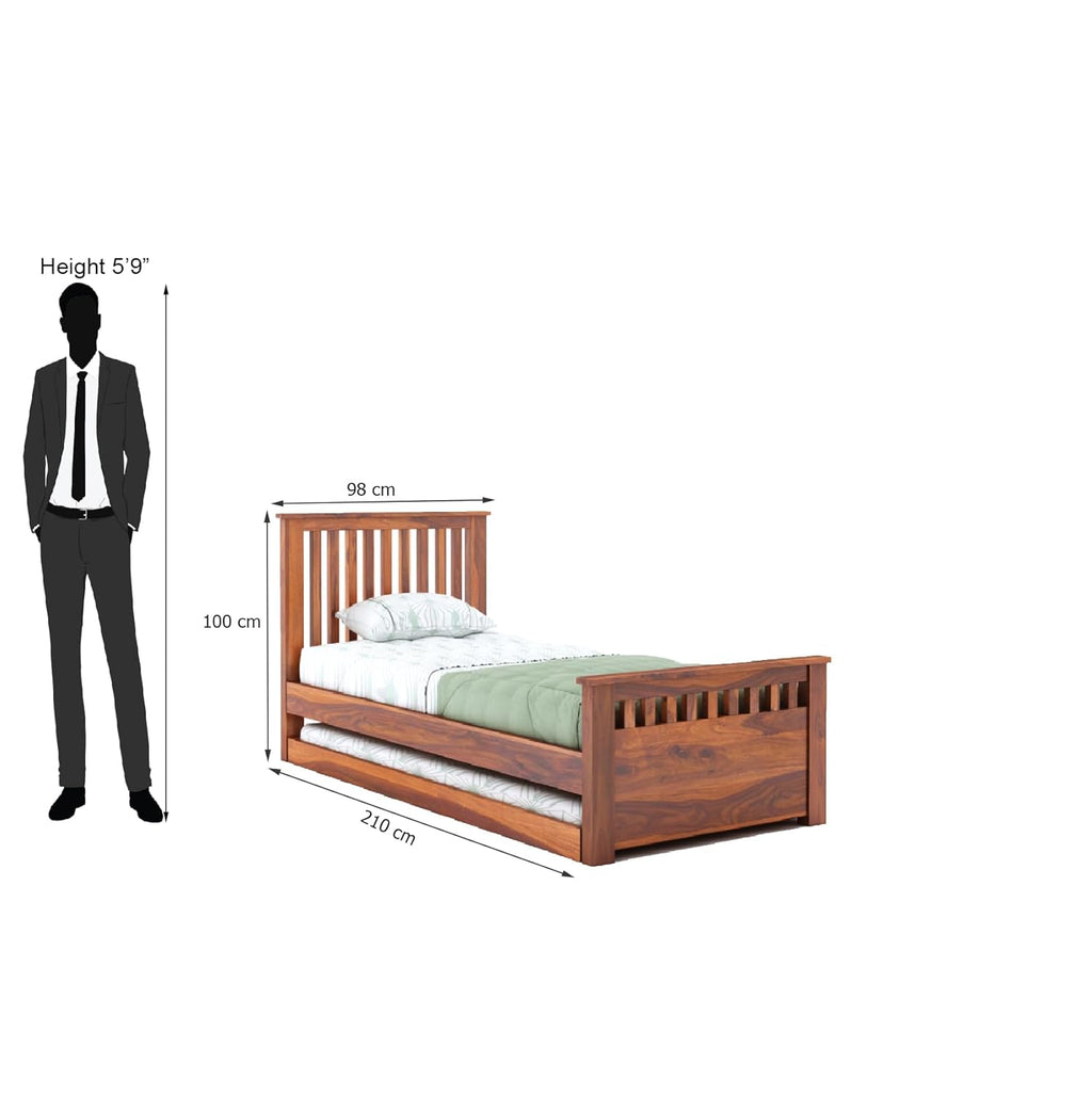 Wooden Single Trundle Bed | Single Bed with 1 Extra Pullout Bed | Wooden Bed Cot Palang for Bedroom, Living Room & Home, Solid Sheesham Wood