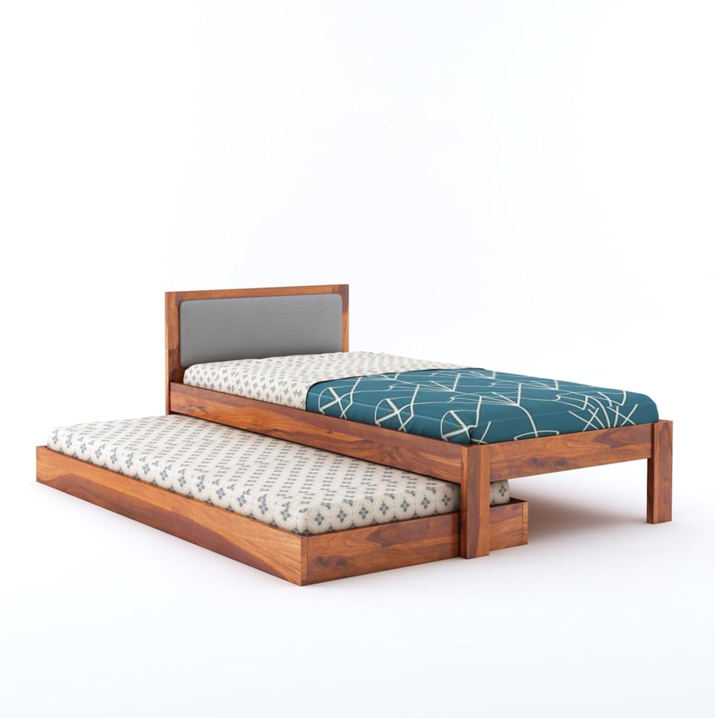 Rjart Wooden Single Trundle Bed | Wooden Single Bed with 1 Extra Pullout Bed Cot Palang with Upholstered Headboard for Bedroom, Kids Room | Solid Sheesham...