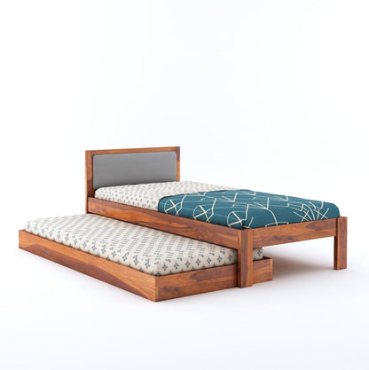 Rjart Wooden Single Trundle Bed | Wooden Single Bed with 1 Extra Pullout Bed Cot Palang with Upholstered Headboard for Bedroom, Kids Room | Solid Sheesham...