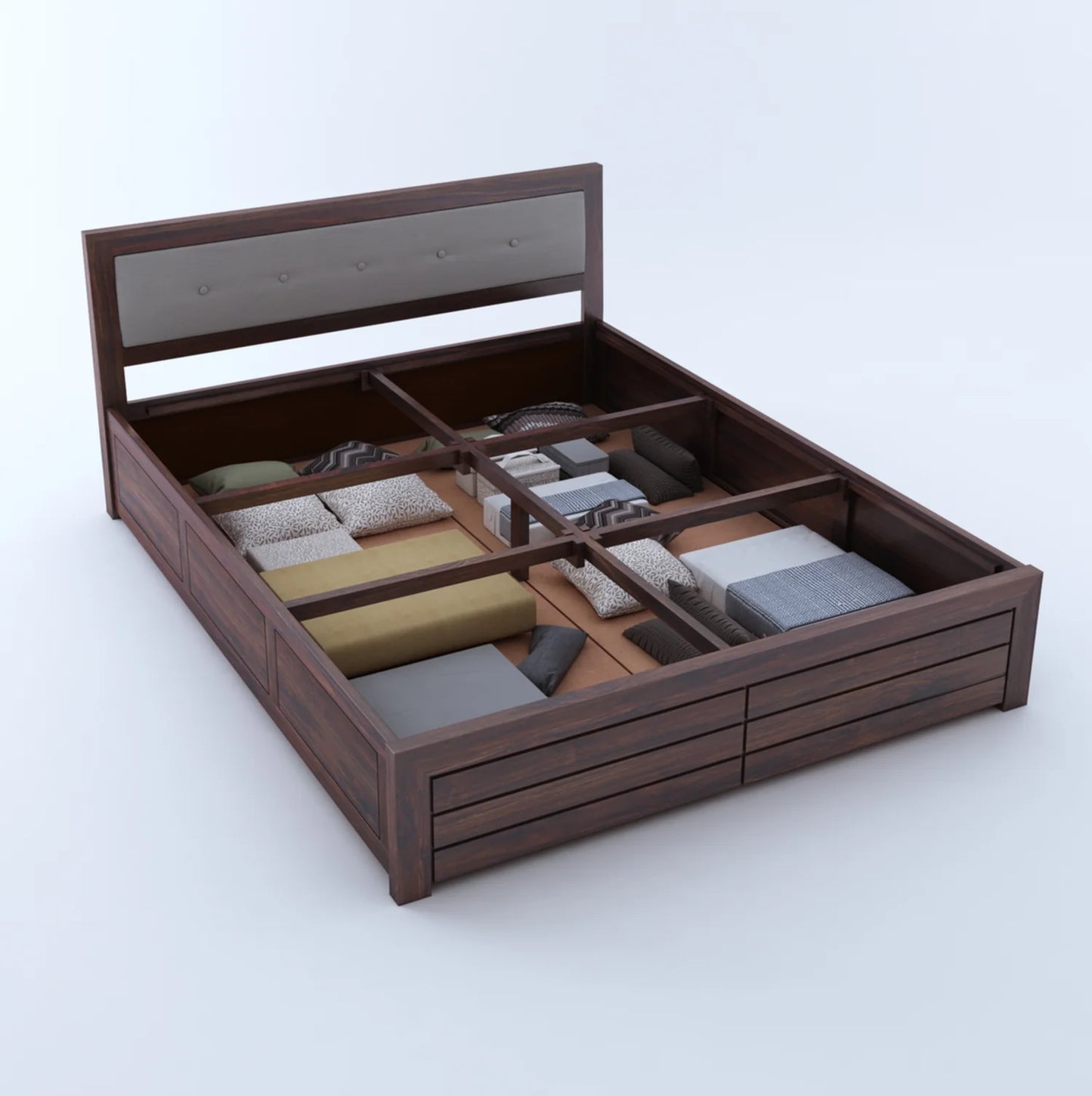 Narin Sheesham Bed With Box Storage And Upholstery Headboard - 3 Years Warranty