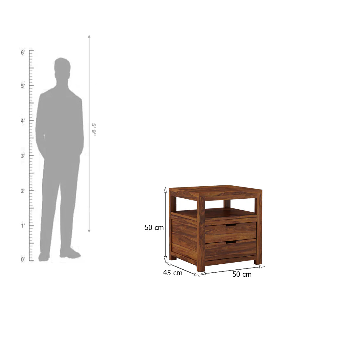 Kyron Sheesham Bedside Table With Two Drawer Storage -3 Years Warrantyx