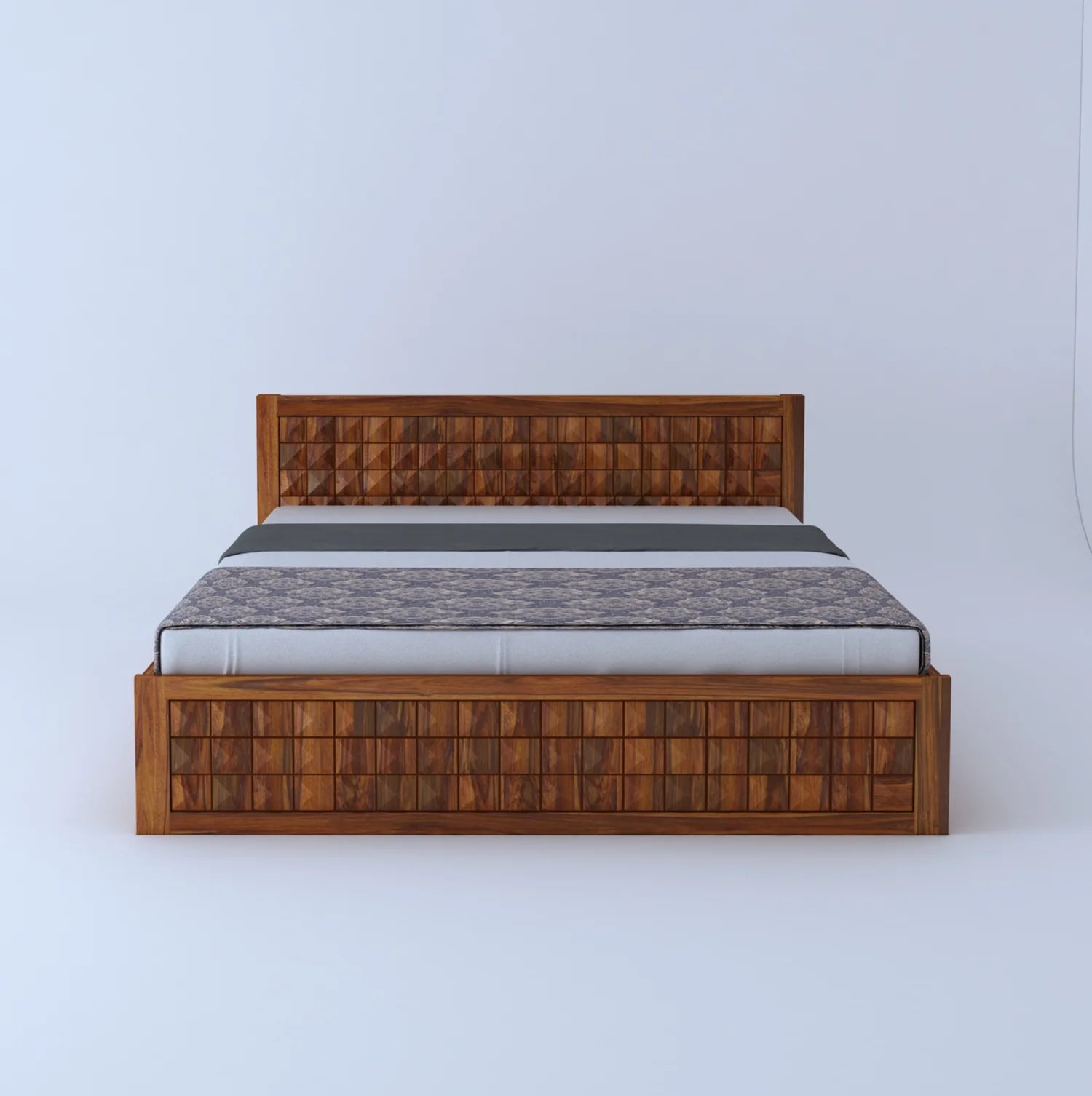 Treso Diamond Solid Sheesham Wood Bed With Half Box and Trolly Storage - 3 Years Warranty