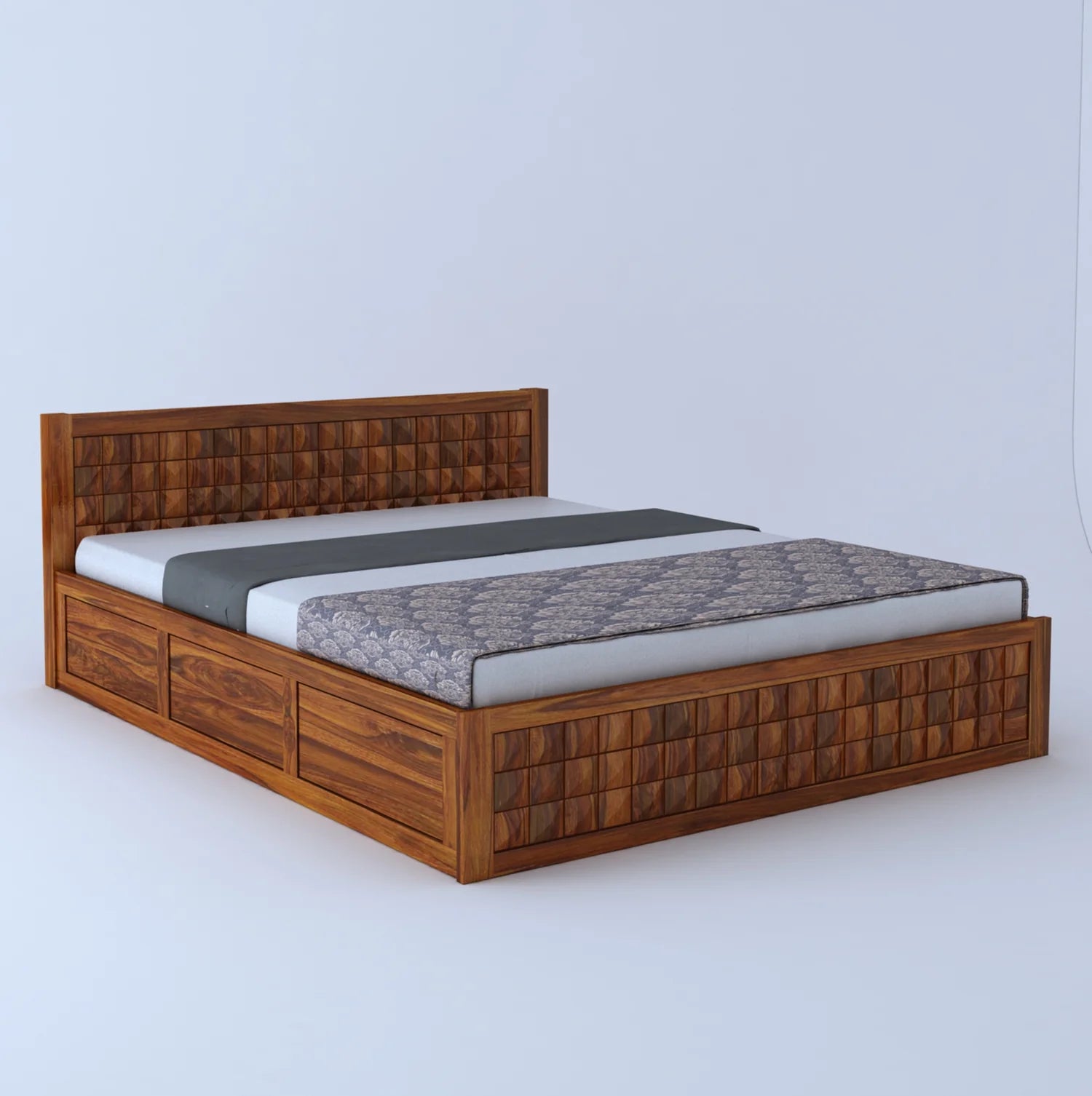 Treso Diamond Solid Sheesham Wood Bed With Half Box and Trolly Storage - 3 Years Warranty