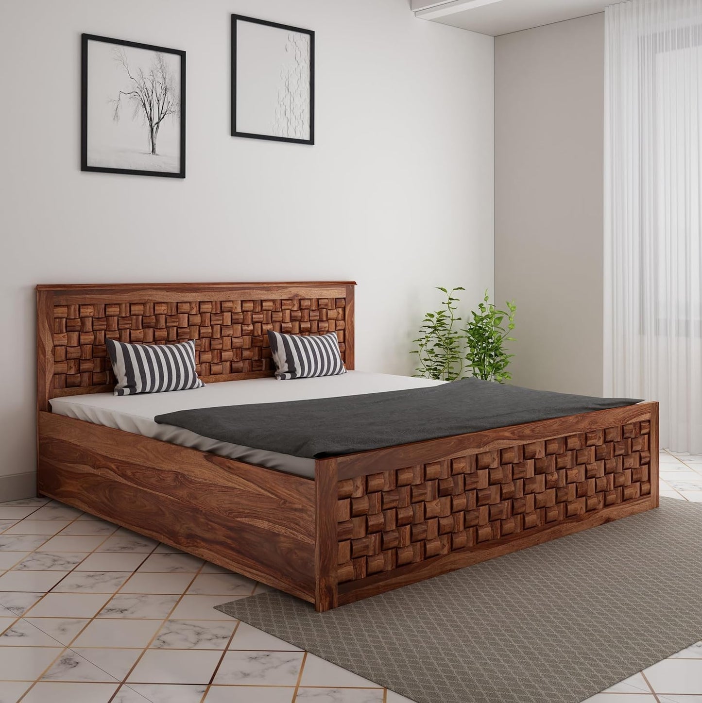 Sheesham King Size Storage Bed | Wood Double Bed With Niwar Design For Bedroom & Living Room