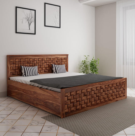 Sheesham King Size Storage Bed | Wood Double Bed With Niwar Design For Bedroom & Living Room