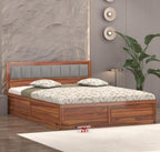 Wooden Bed with Storage | Double Bed Cot Bed with Box Storage & Upholstered Cushioned Headboard for Bedroom | Sheesham Wood