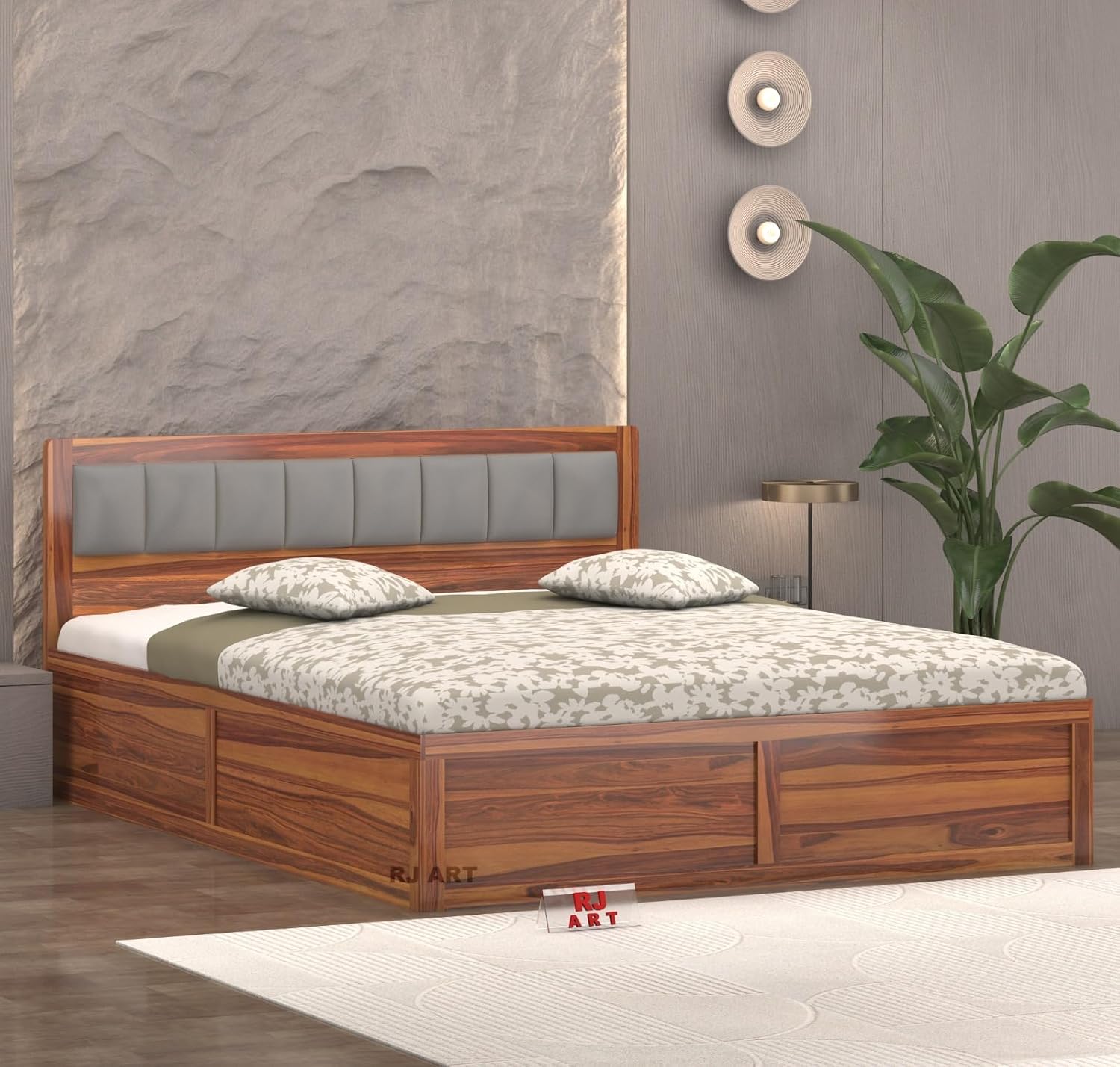 Wooden Bed with Storage | Double Bed Cot Bed with Box Storage & Upholstered Cushioned Headboard for Bedroom | Sheesham Wood