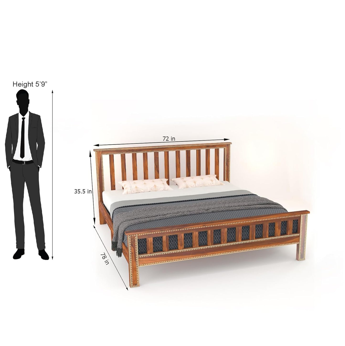 Wood King Size Bed Without Storage | Double Bed Cot Bed With Traditional Brass Work For Bedroom | Sheesham