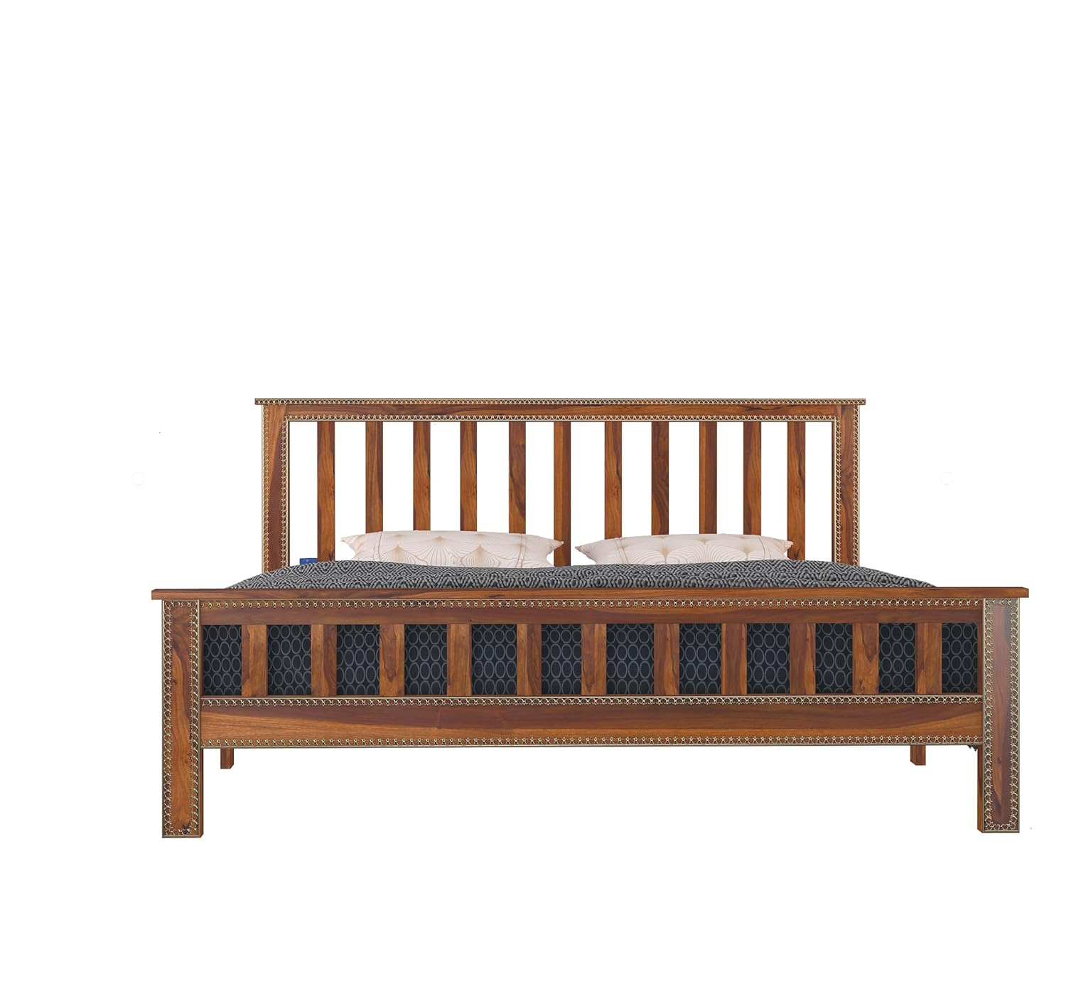 Wooden King Size Bed Without Storage | Double Bed Cot Bed with Traditional Brass Work for Bedroom & Hotel | Platform Bed/Palang | Sheesham Wood