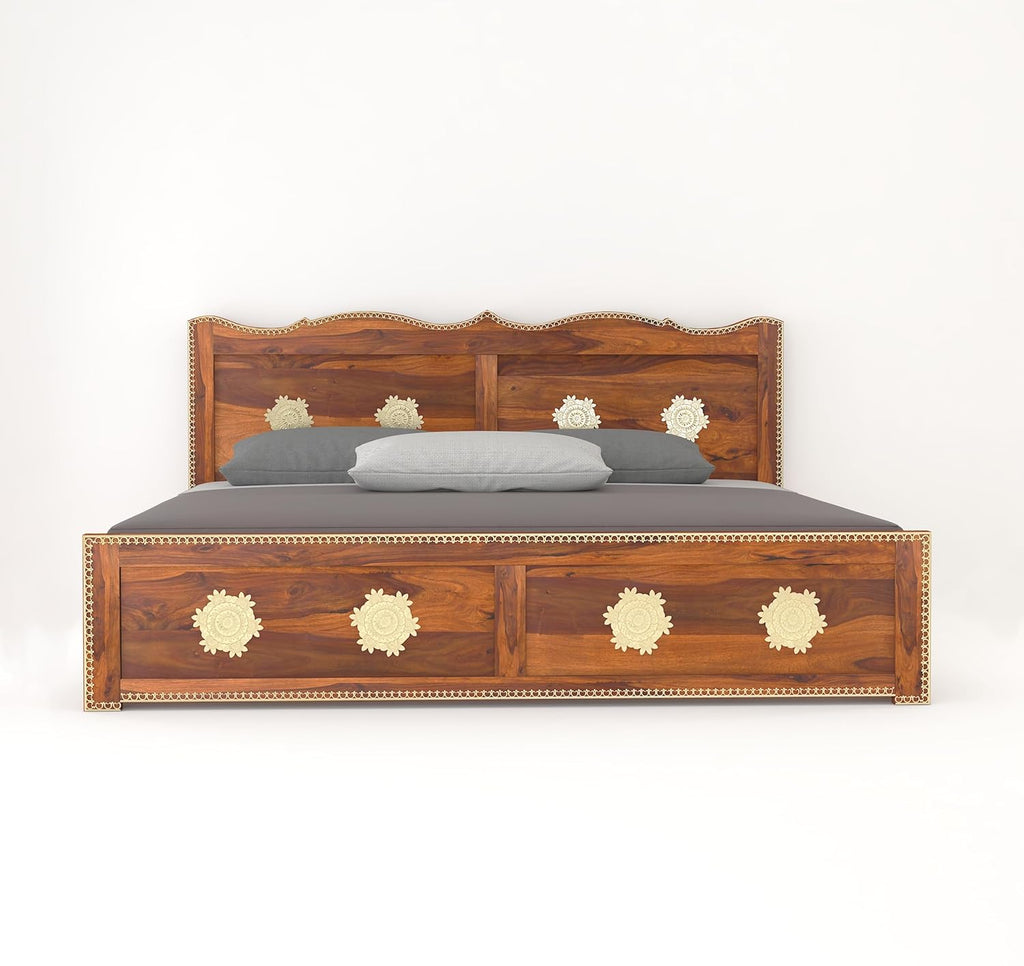 Wood King Size Storage Bed | Double Bed Cot Bed With Box Storage And Traditional Brass Work For Bedroom