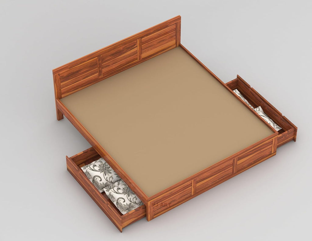 Sheesham Wood Bed with Storage | Solid Wood Pullout Storage Bed | Wooden Double Bed Cot with 2 Drawers for Bedroom & Hotel