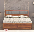 Wooden Bed with Storage | Double Bed Cot Bed with Box Storage & Upholstered Cushioned Headboard for Bedroom | Sheesham Wood