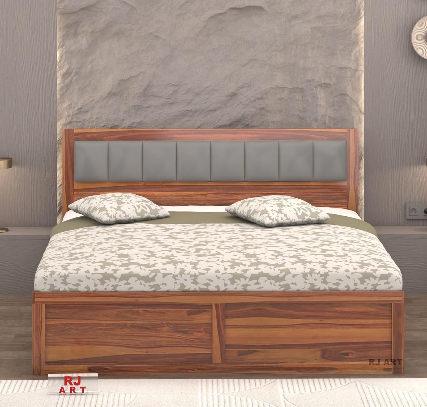 Wooden Bed with Storage | Double Bed Cot Bed with Box Storage & Upholstered Cushioned Headboard for Bedroom | Sheesham Wood