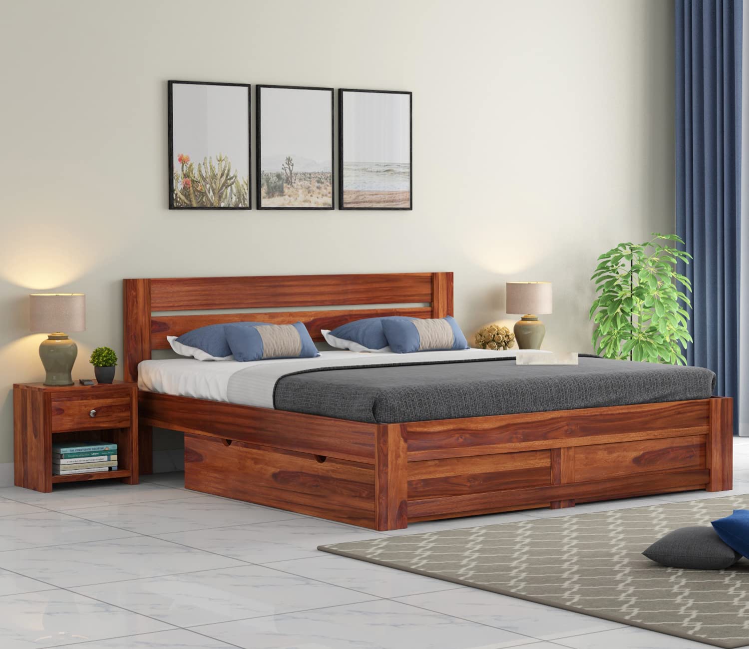 Wooden Bed with Storage | Double Bed Cot Bed with Drawer Storage for Bedroom & Hotel | Sheesham Wood