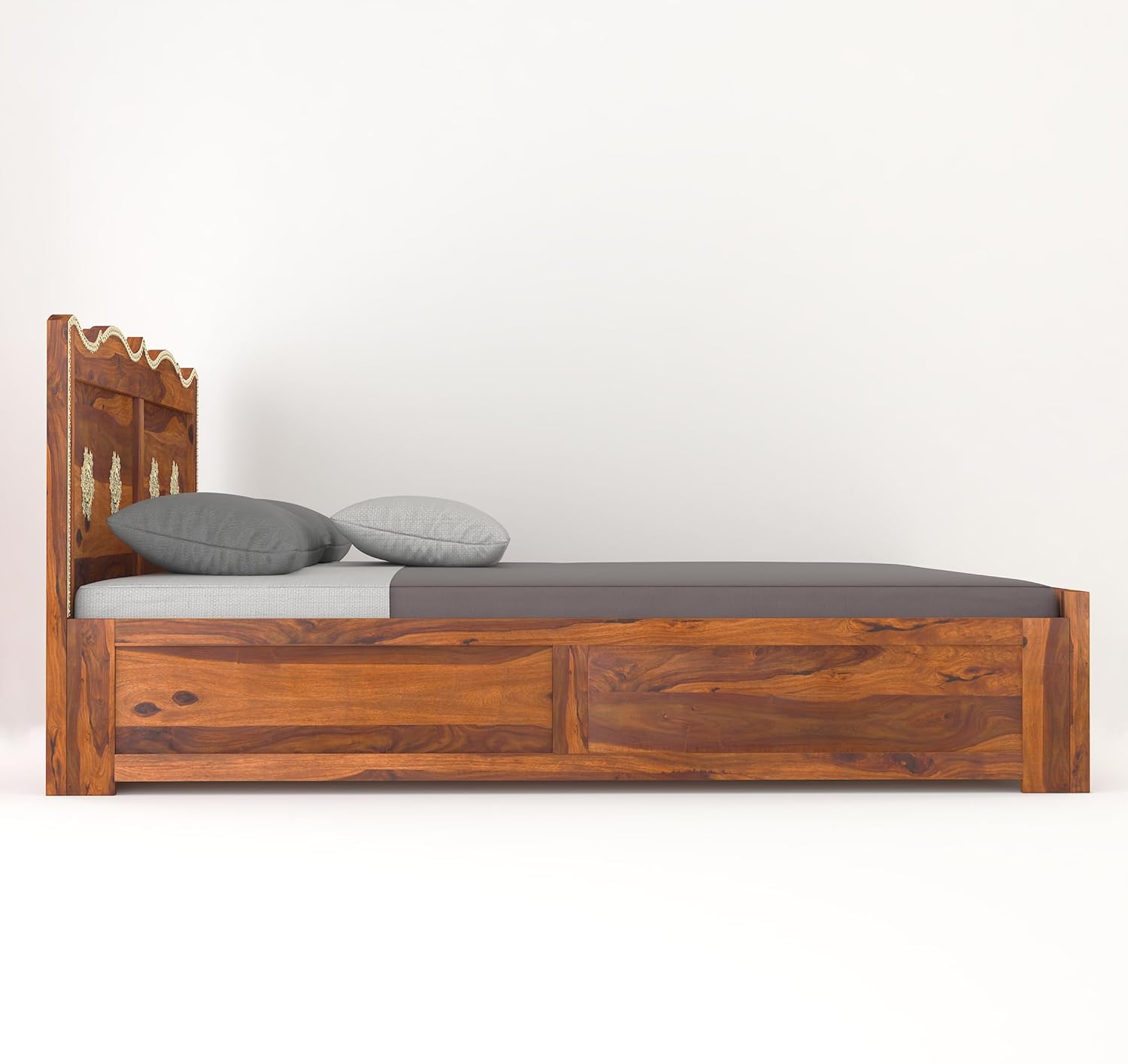 Wood King Size Storage Bed | Double Bed Cot Bed With Box Storage And Traditional Brass Work For Bedroom