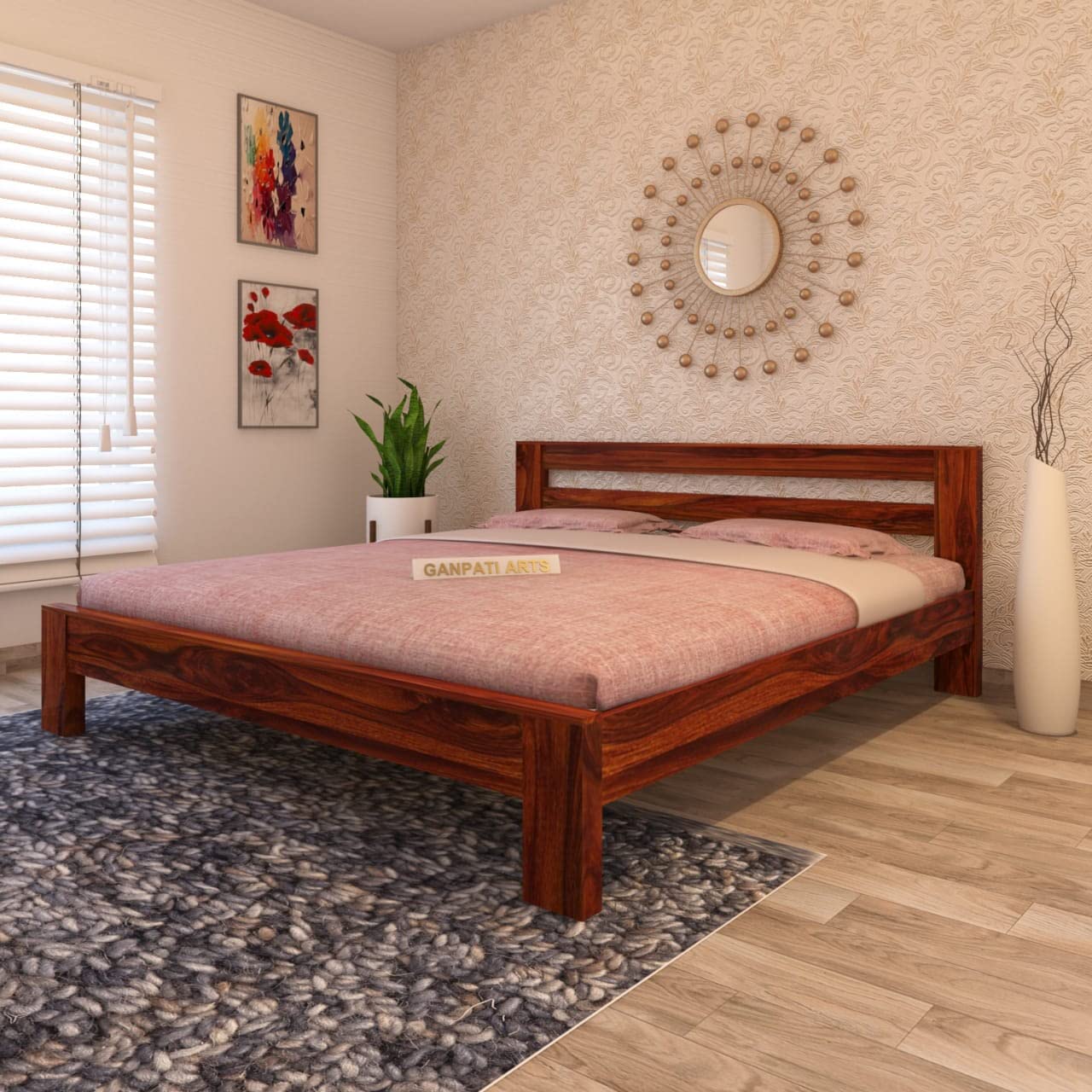 Wooden Bed Without Storage | Wooden Double Bed Cot Bed for Bedroom Furniture | Palang Double Bed for Hotels | Solid Sheesham Wood