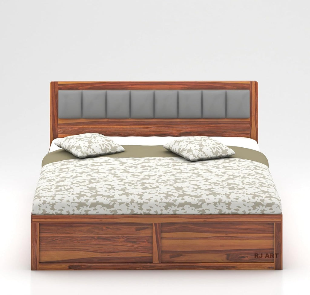 Wooden Bed with Storage | Double Bed Cot Bed with Box Storage & Upholstered Cushioned Headboard for Bedroom | Sheesham Wood