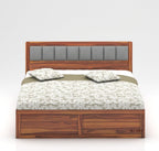 Wooden Bed with Storage | Double Bed Cot Bed with Box Storage & Upholstered Cushioned Headboard for Bedroom | Sheesham Wood