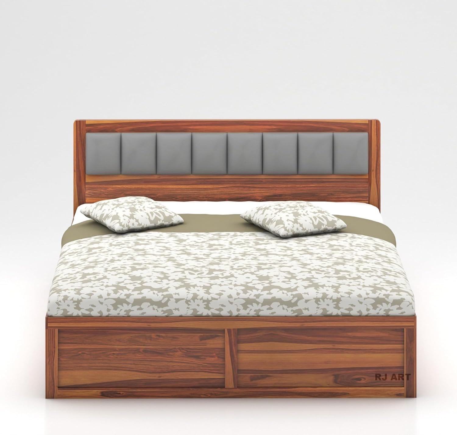 Wooden Bed with Storage | Double Bed Cot Bed with Box Storage & Upholstered Cushioned Headboard for Bedroom | Sheesham Wood