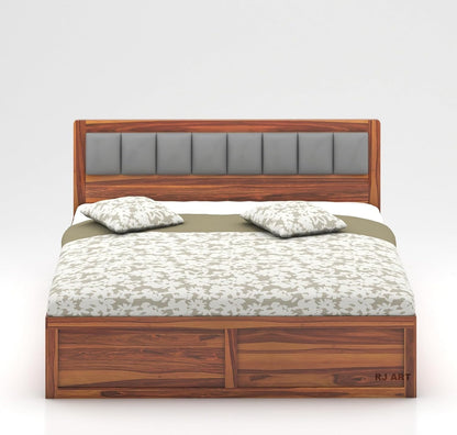 Double Bed Cot Bed With Box Storage & Upholstered Cushioned Headboard For Bedroom | Sheesham