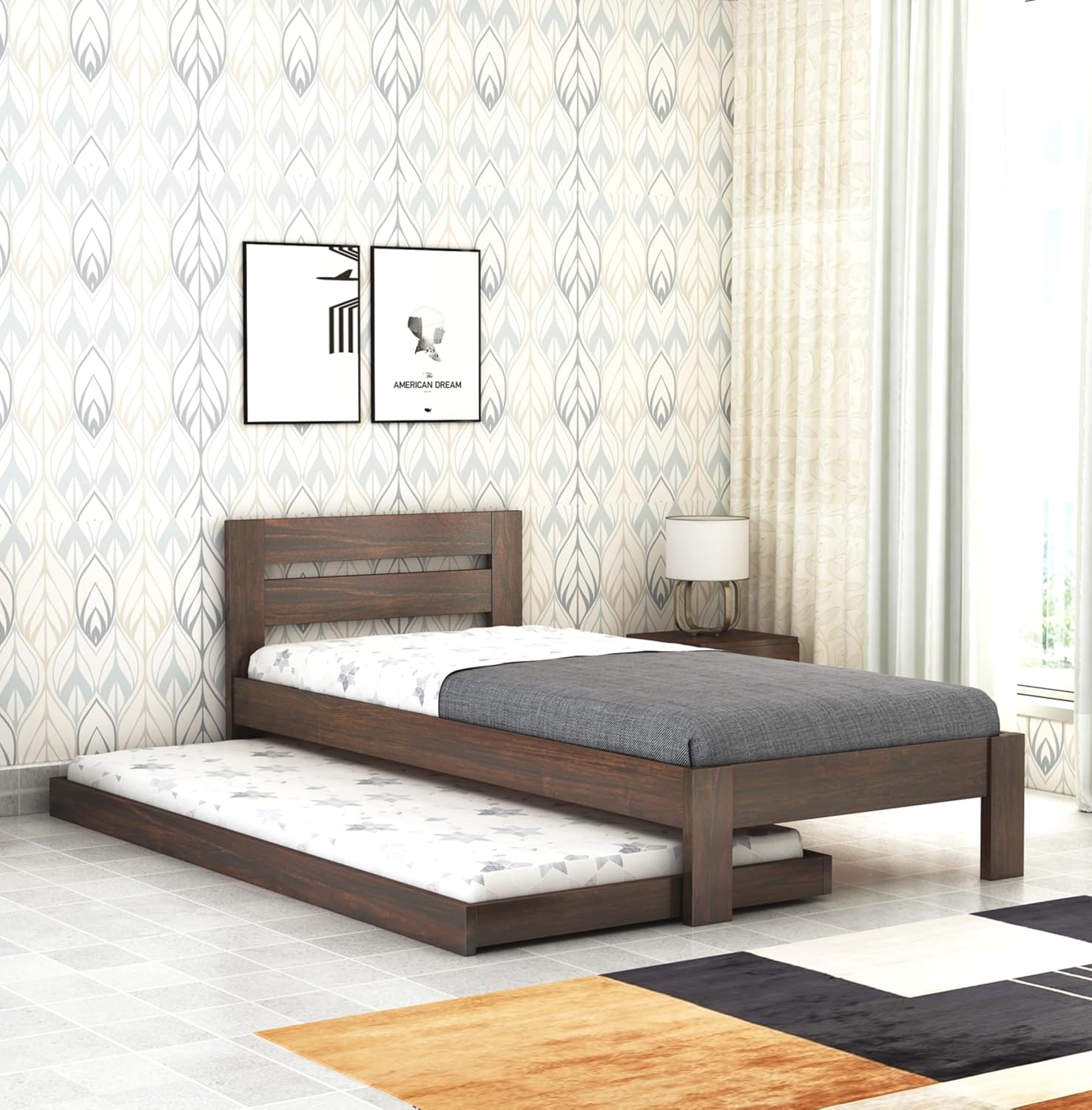 Wooden Single Trundle Bed | Single Bed with 1 Extra Pullout Bed | Wooden Single Bed Cot Palang Furniture for Bedroom, Living Room & Home | Sheesham Wood