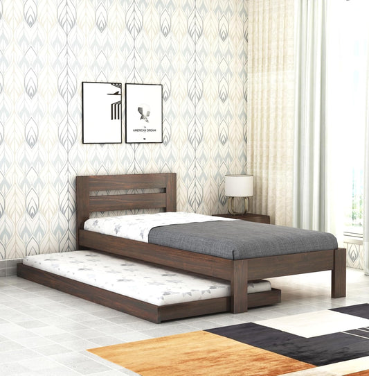 Wood Single Trundle Bed | Single Bed With 1 Extra Pullout Bed, Living Room | Sheesham