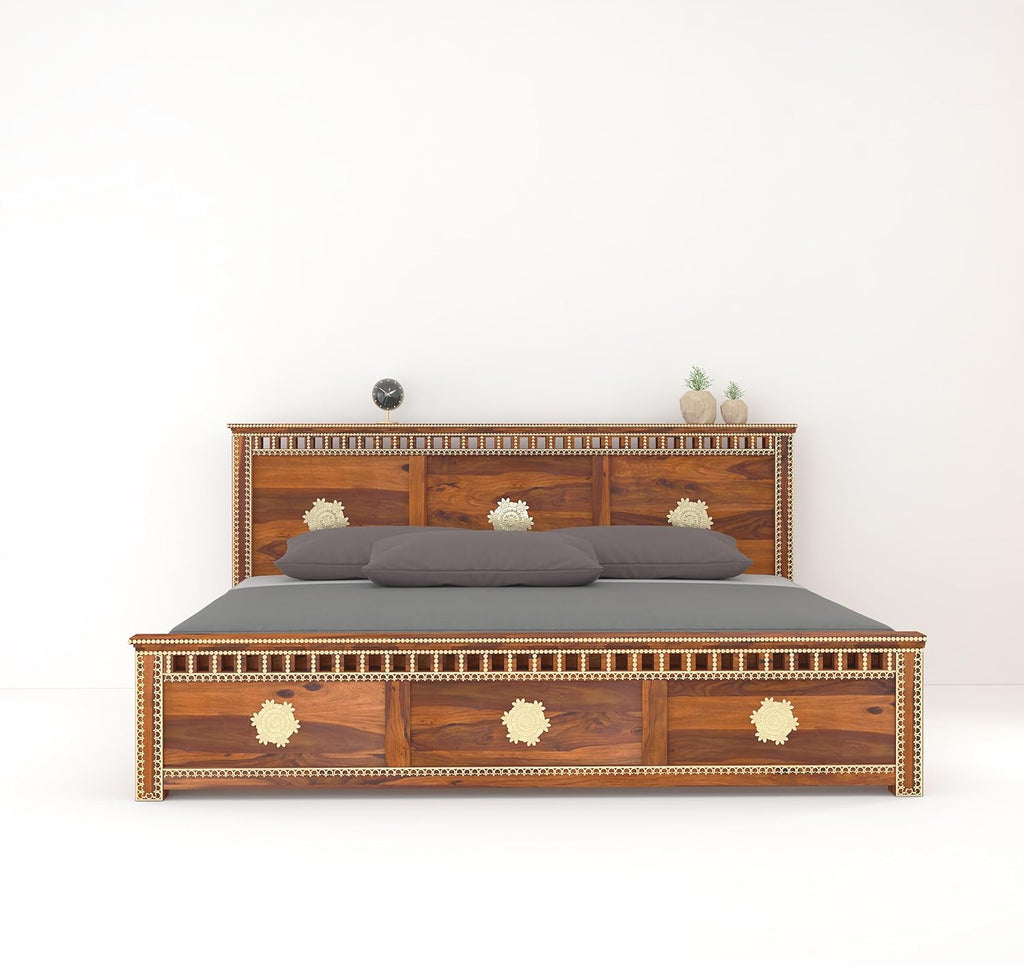 Rj Art Wood Storage Bed | Kuber Design Double Bed Cot Bed With Box Storage And Traditional Brass Work For Bedroom