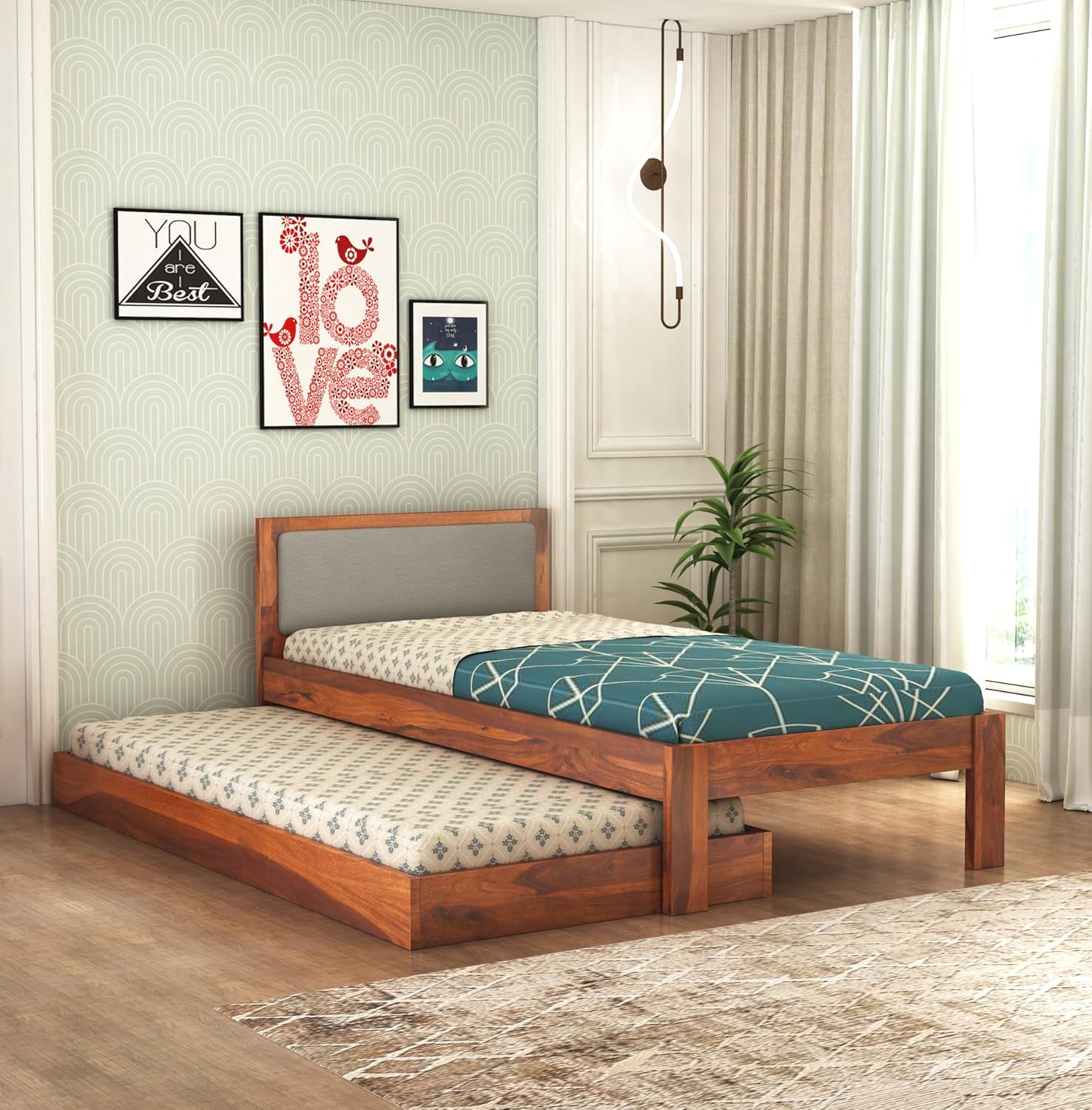 Rjart Wooden Single Trundle Bed | Wooden Single Bed with 1 Extra Pullout Bed Cot Palang with Upholstered Headboard for Bedroom, Kids Room | Solid Sheesham...