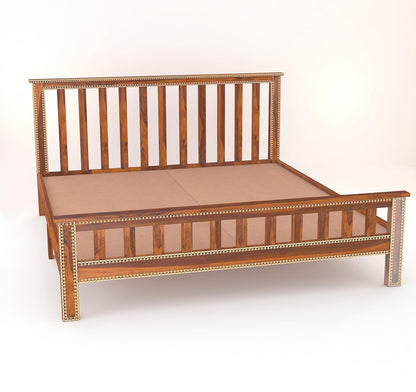 Wood King Size Bed Without Storage | Double Bed Cot Bed With Traditional Brass Work For Bedroom | Sheesham