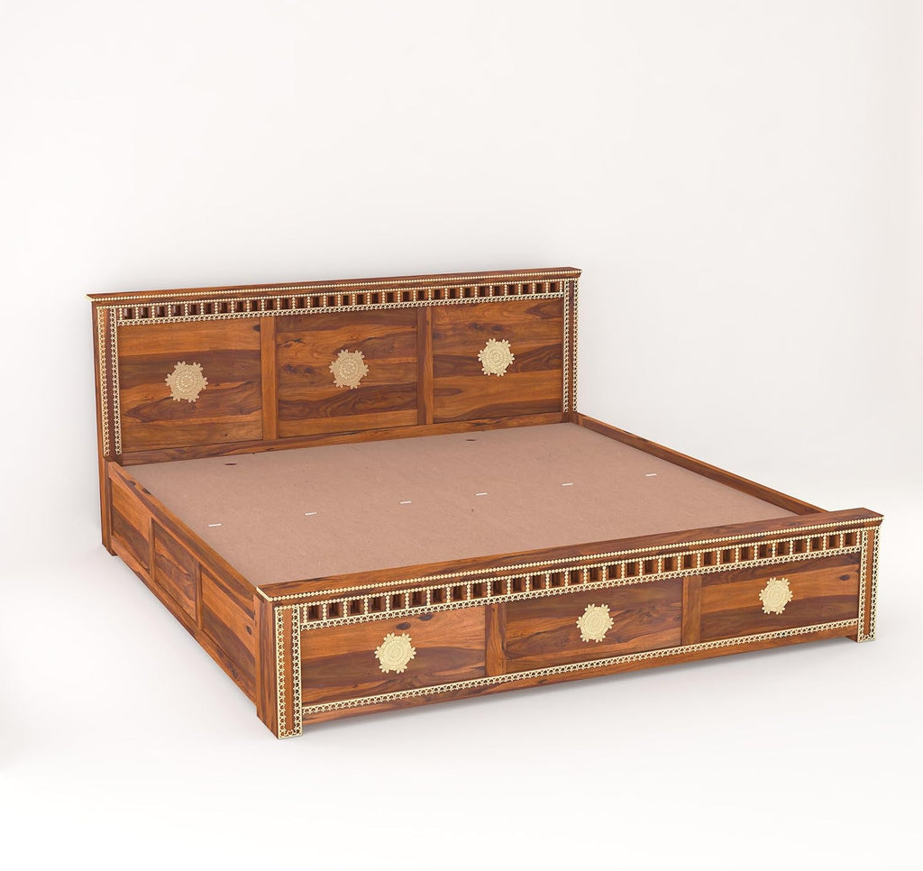 Rj Art Wood Storage Bed | Kuber Design Double Bed Cot Bed With Box Storage And Traditional Brass Work For Bedroom