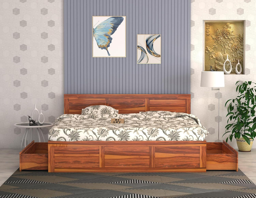Sheesham Wood Bed with Storage | Solid Wood Pullout Storage Bed | Wooden Double Bed Cot with 2 Drawers for Bedroom & Hotel