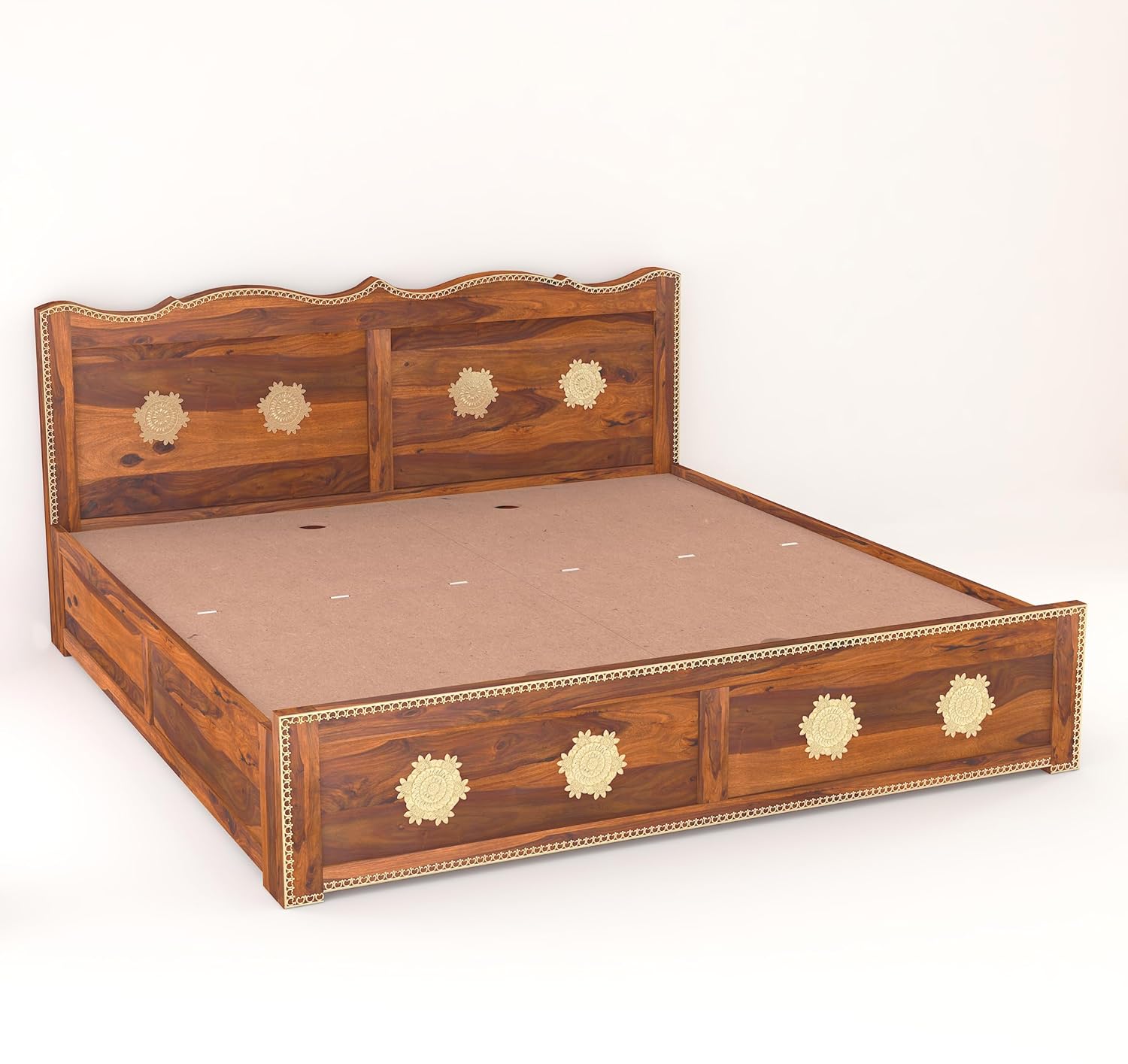 Wood King Size Storage Bed | Double Bed Cot Bed With Box Storage And Traditional Brass Work For Bedroom