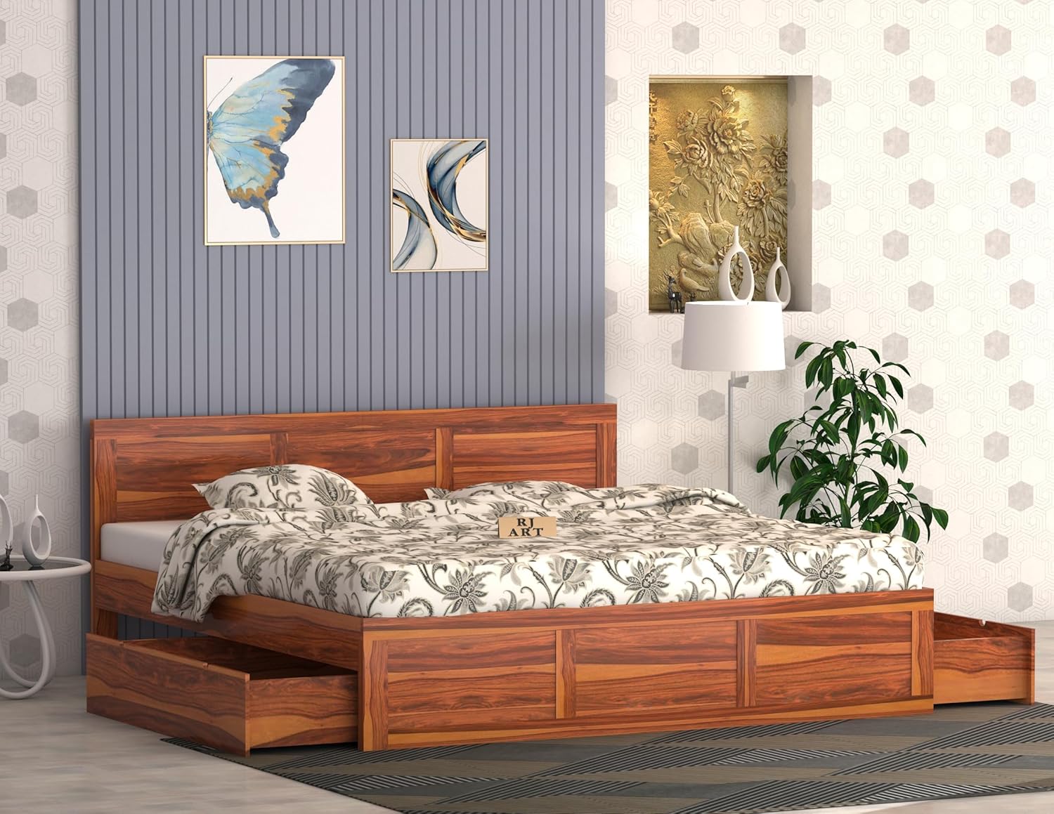 Sheesham Wood Bed with Storage | Solid Wood Pullout Storage Bed | Wooden Double Bed Cot with 2 Drawers for Bedroom & Hotel