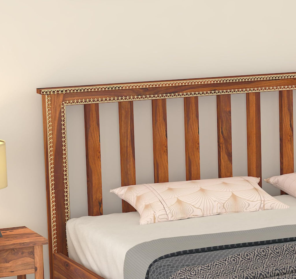 Wooden King Size Bed Without Storage | Double Bed Cot Bed with Traditional Brass Work for Bedroom & Hotel | Platform Bed/Palang | Sheesham Wood